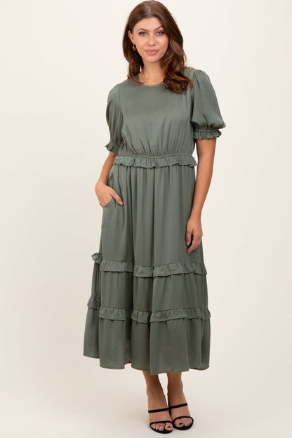Olive Satin Ruffle Trim Maternity Midi Dress