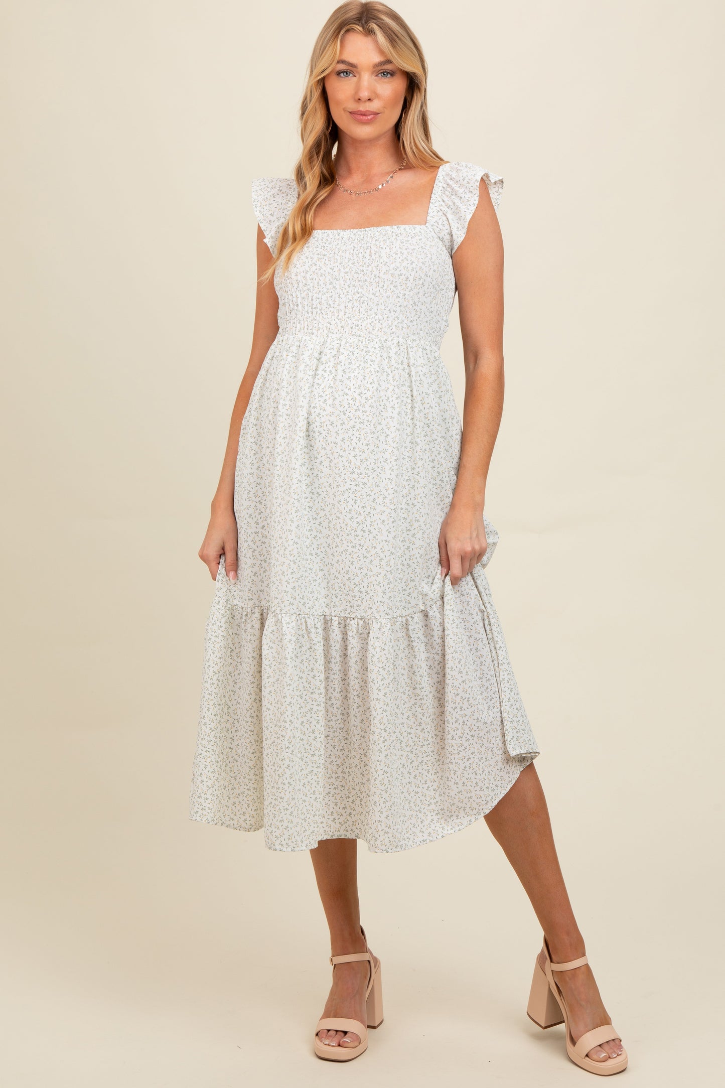 Cream Ruffle Strap Smocked Maternity Mid Dress