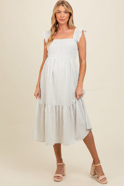 Cream Ruffle Strap Smocked Maternity Mid Dress