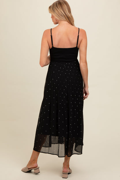 Black Polka Dot Pleated Mesh Overlay Maternity Maxi Dress