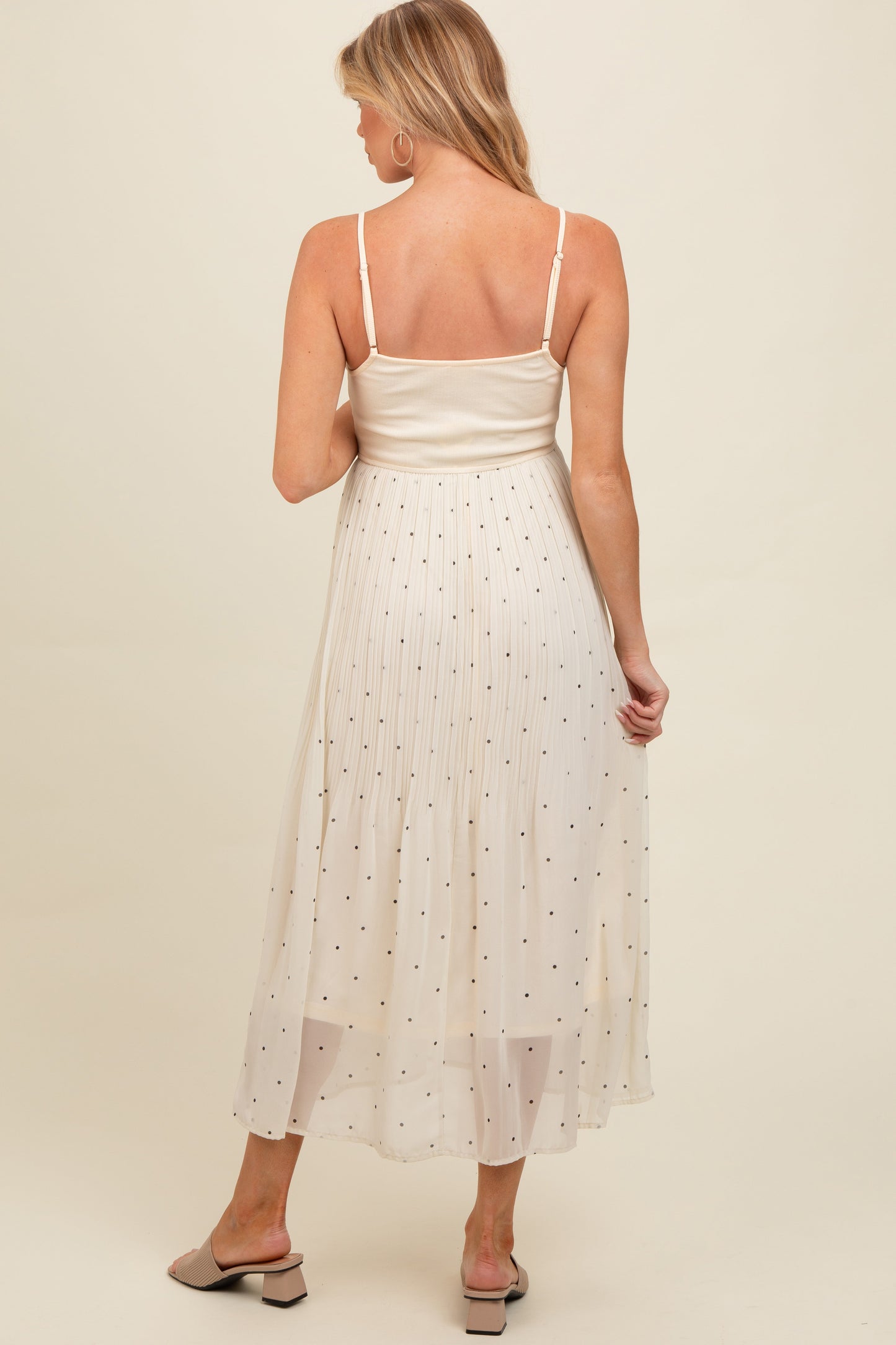 Cream Polka Dot Pleated Mesh Overlay Maternity Maxi Dress