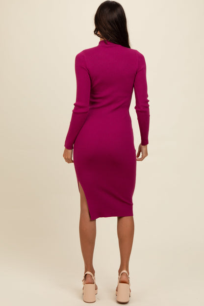 Magenta Ribbed Fitted Mock Neck Long Sleeve Midi Dress