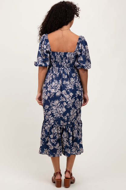 Light Navy Floral Pleated Bodice Midi Dress