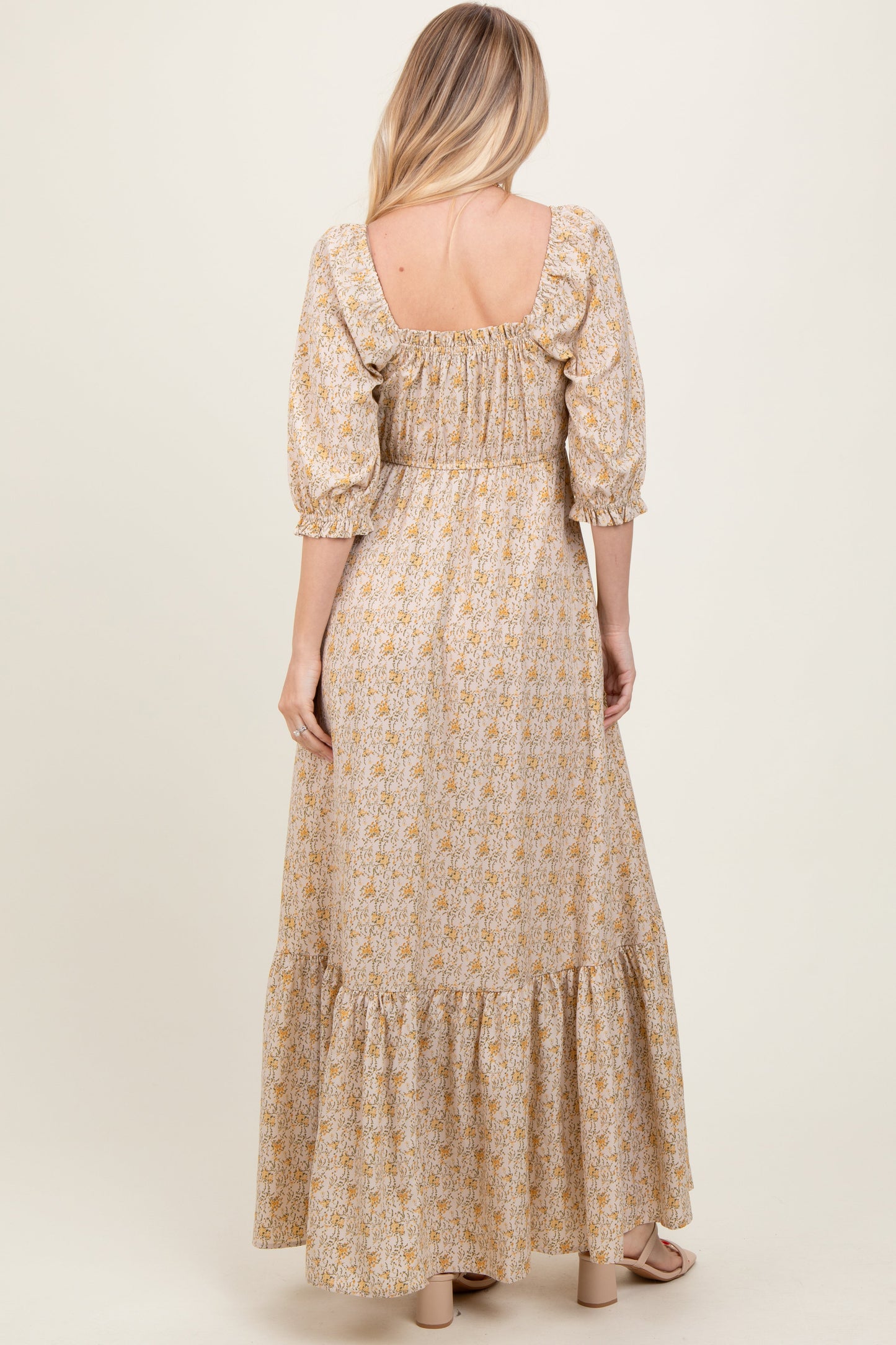 Cream Floral Sweetheart Neckline Maxi Dress