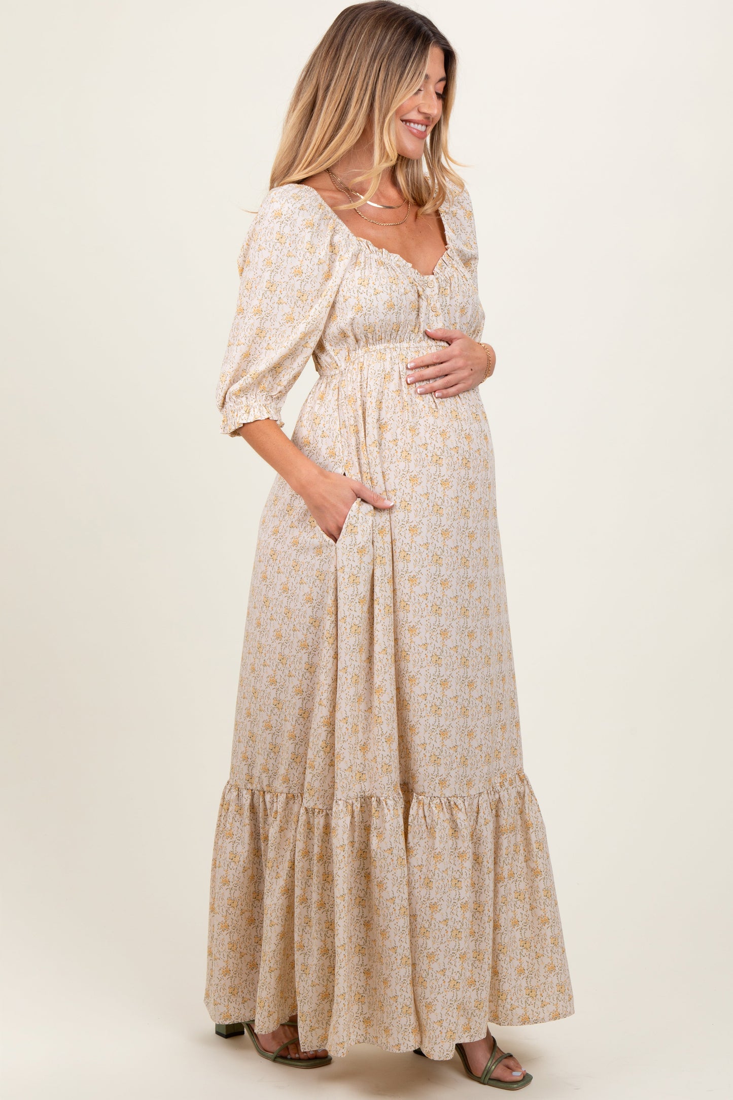 Cream Floral Sweetheart Neckline Maternity Maxi Dress