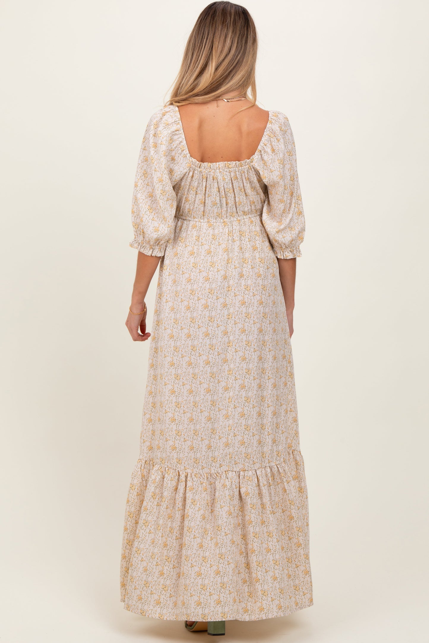 Cream Floral Sweetheart Neckline Maternity Maxi Dress