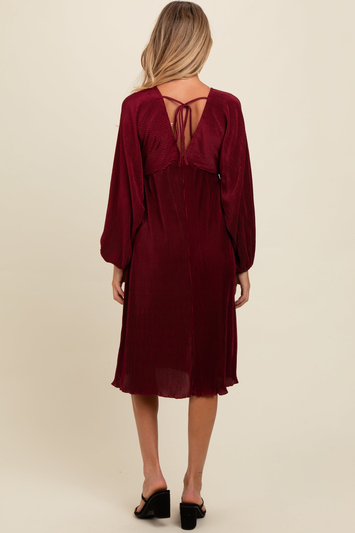 Burgundy Pleated Deep V-Neck Maternity Midi Dress