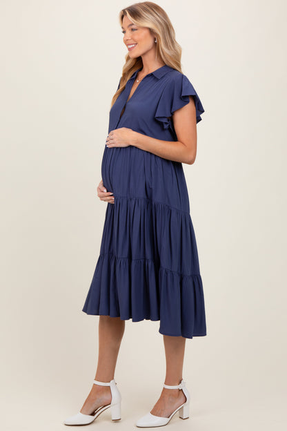 Navy Blue Ruffle Sleeve V-Neck Tiered Maternity Midi Dress