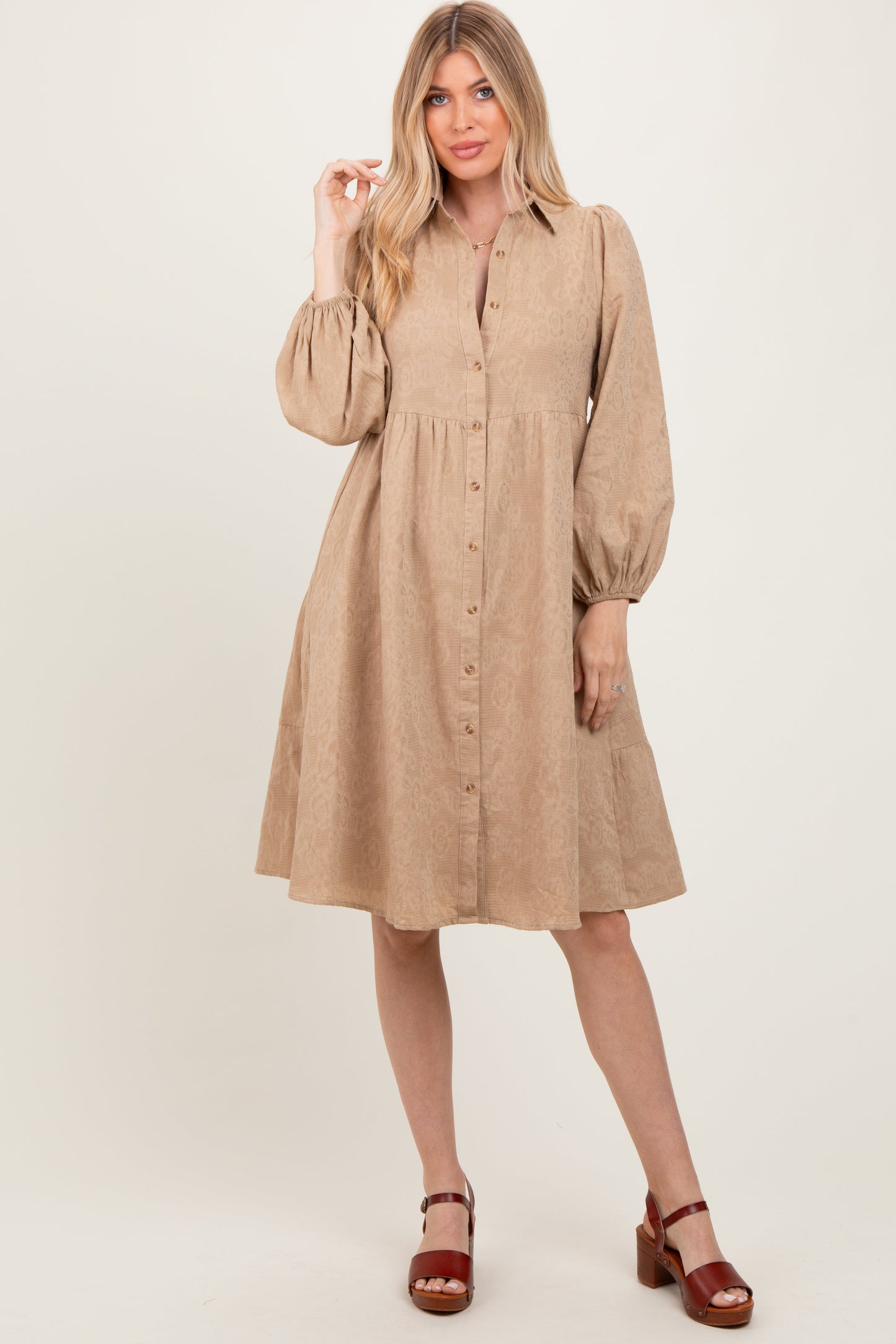 Camel Tiered Button Down Maternity Shirt Dress