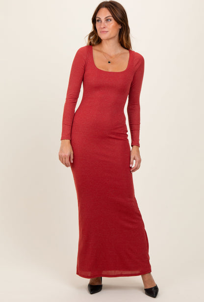 Mauve Basic Square Neck Long Sleeve Maternity Maxi Dress