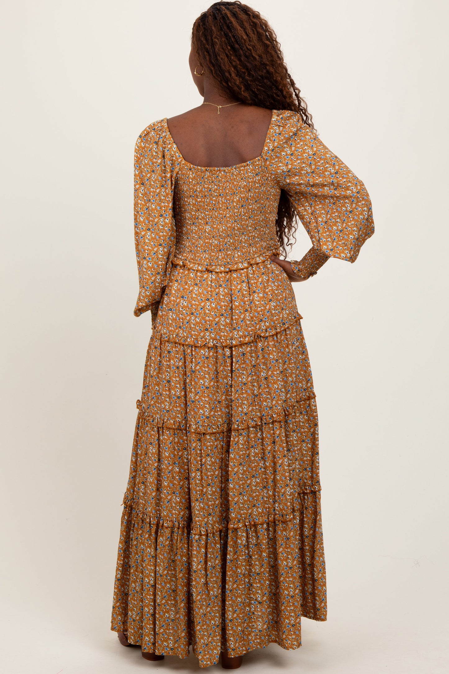 Camel Floral Button Accent Bodice Tiered Maxi Dress