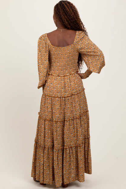 Camel Floral Button Accent Bodice Tiered Maxi Dress