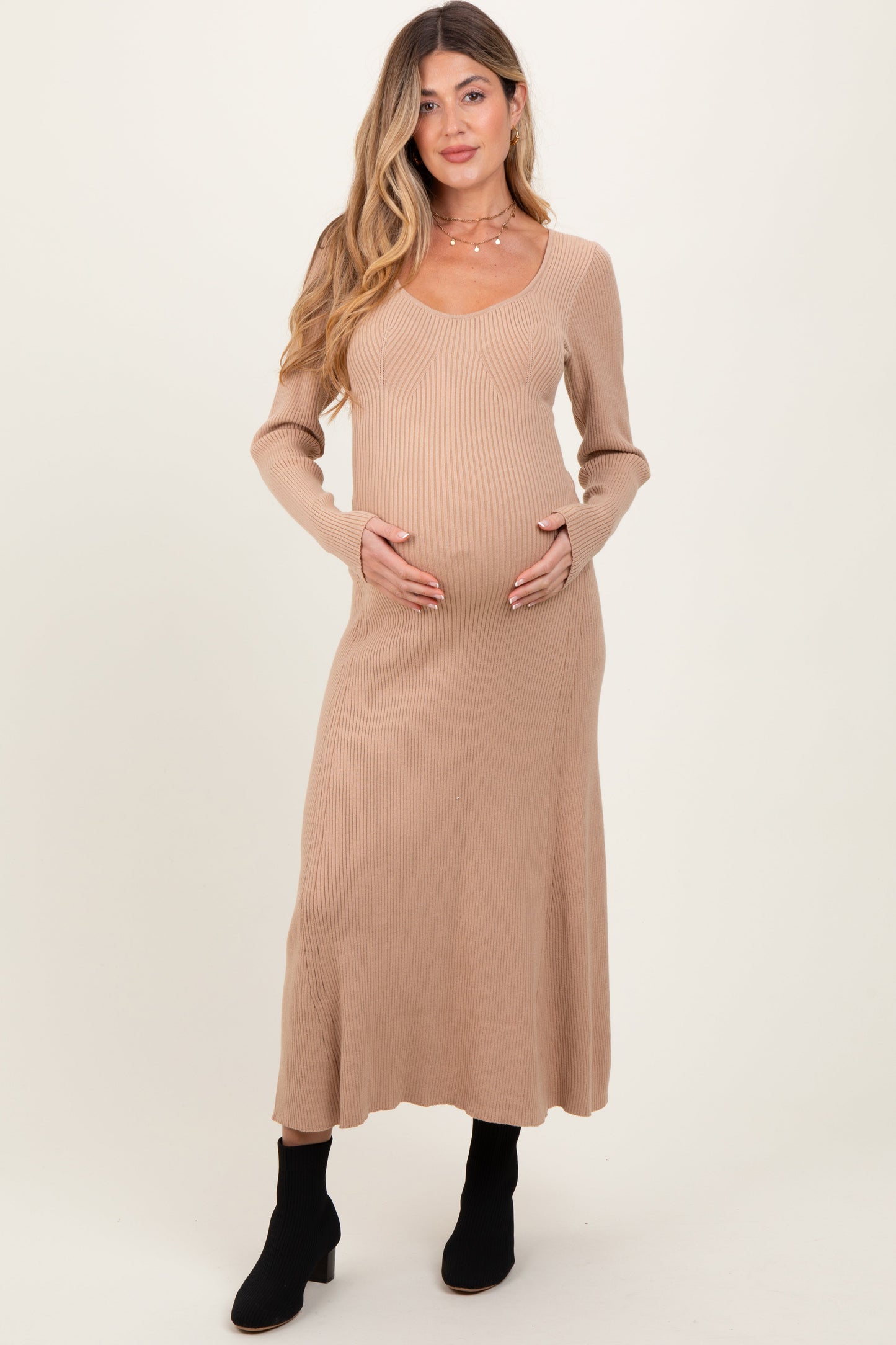 Beige Ribbed Knit Maternity Maxi Sweater Dress
