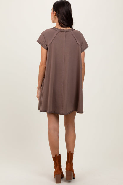Brown French Terry Basic Short Sleeve Mini Dress