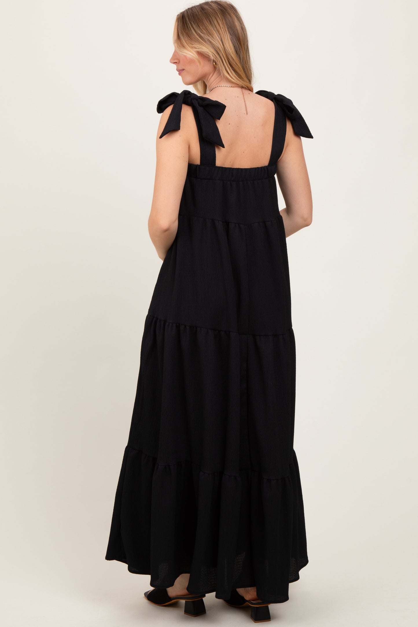 Black Shoulder Tie Tiered Maxi Dress
