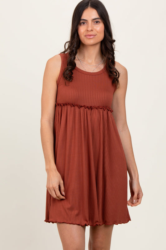 Rust Ribbed Sleeveless Lettuce Trim Mini Dress