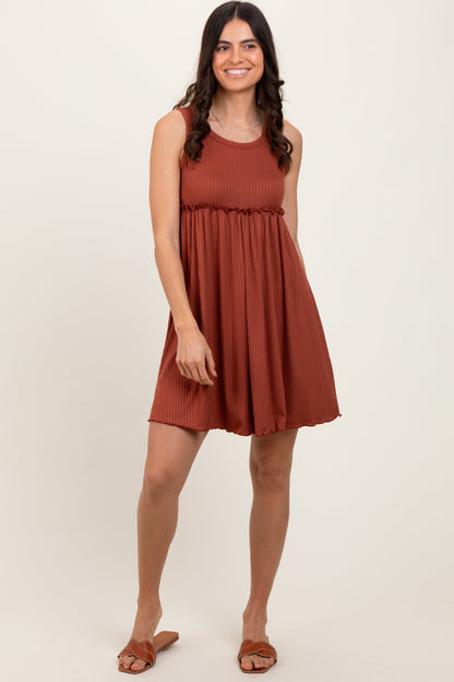 Rust Ribbed Sleeveless Lettuce Trim Mini Dress