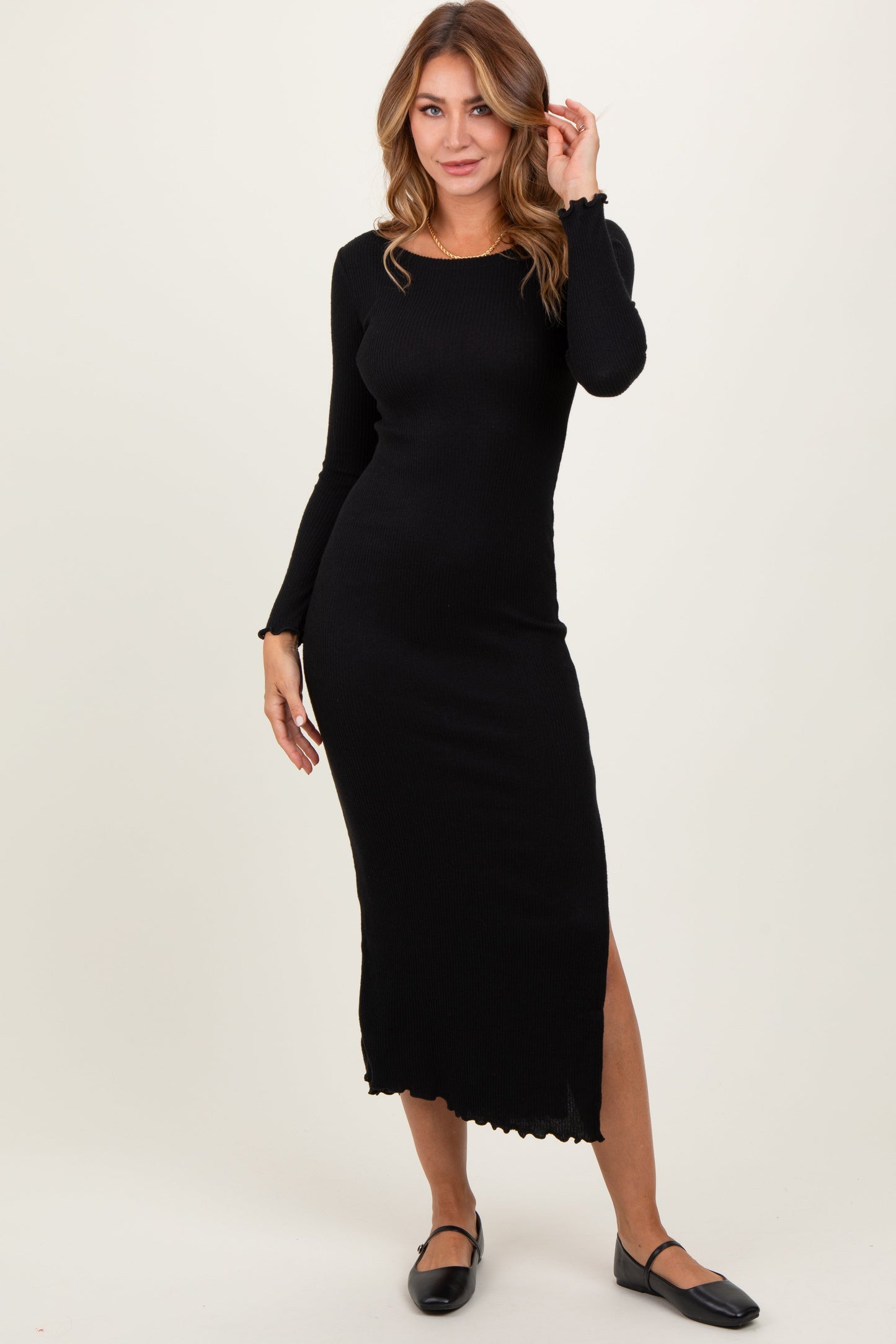 Black Knit Side Slit Lettuce Trim Maxi Dress