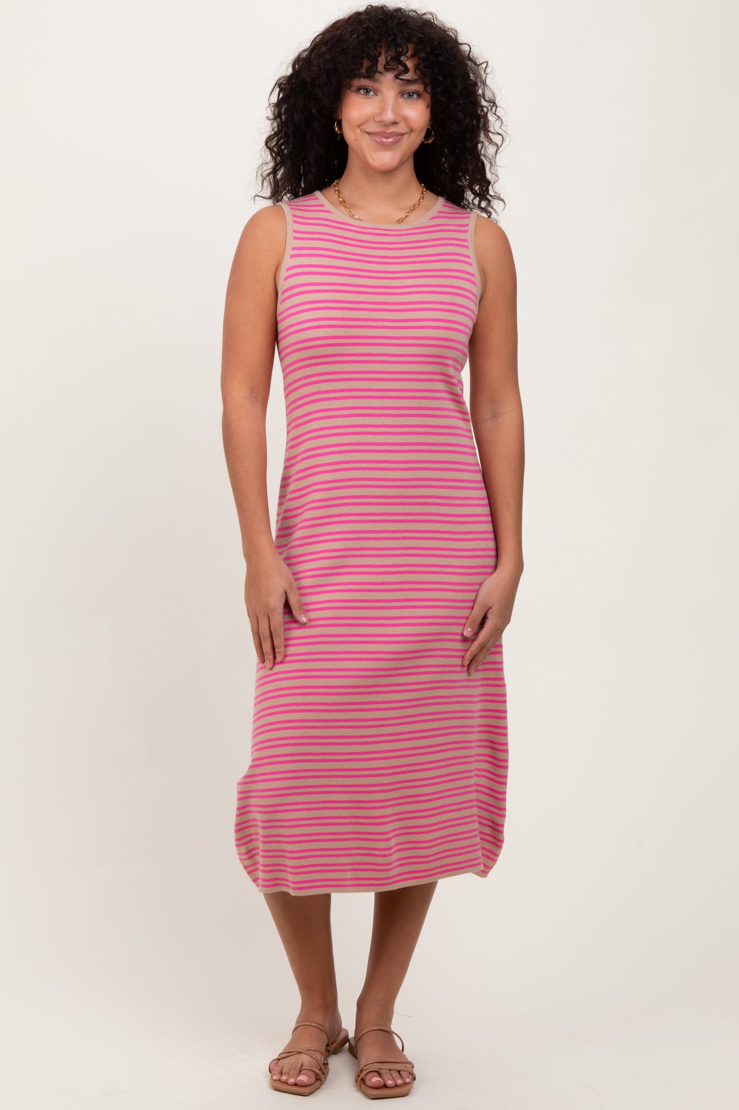Mocha Striped Knit Sleeveless Maternity Midi Dress