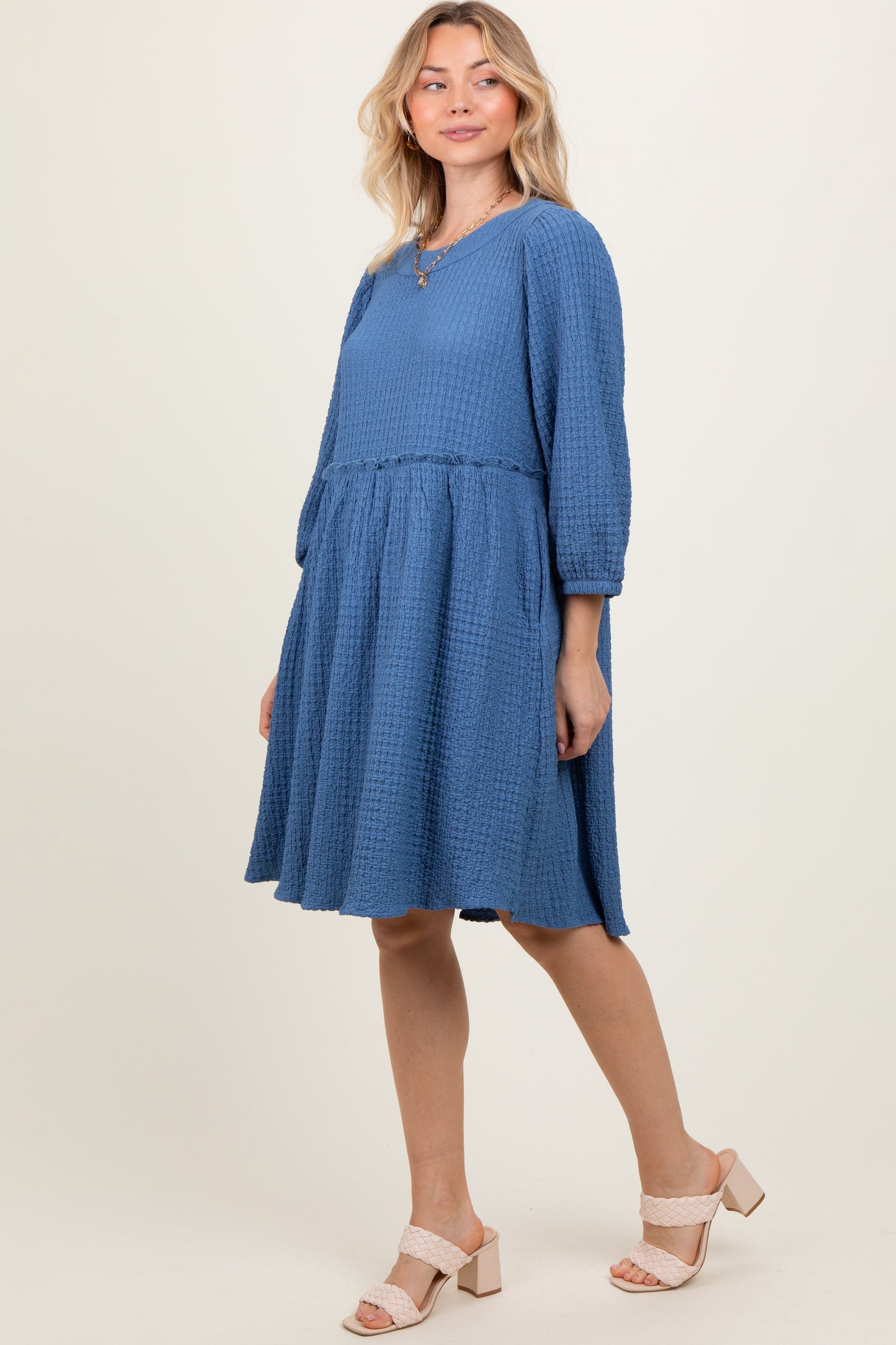 Blue Knit Ruffle Trim Dress