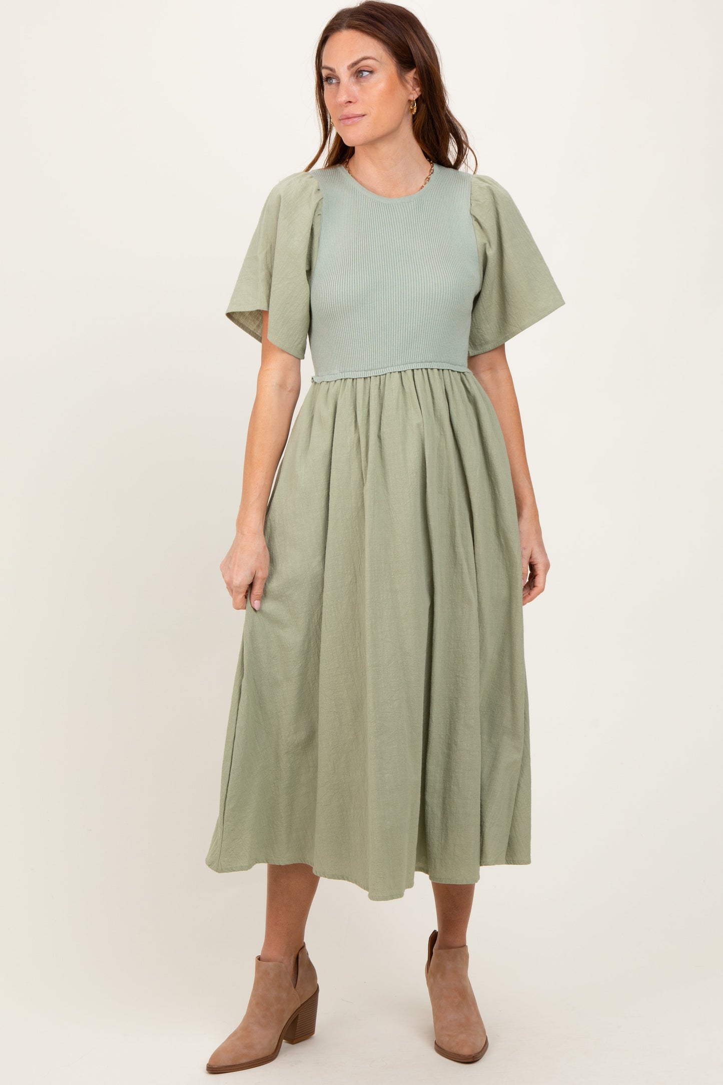 Light Olive Ribbed Knit Contrast Top Midi Dress
