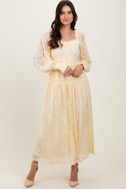 Cream Lace Smocked Bubble Sleeve Maxi Dress