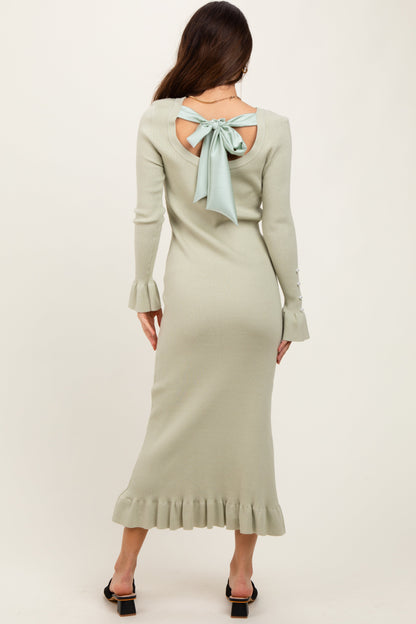 Light Olive Ribbed Knit Bow Back Maxi Dress