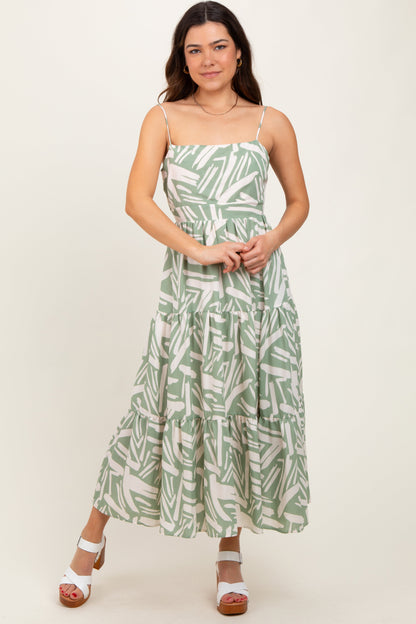 Light Olive Printed Cutout Tie Back Tiered Midi Dress