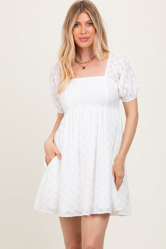 White Smocked Back Textured Babydoll Mini Dress