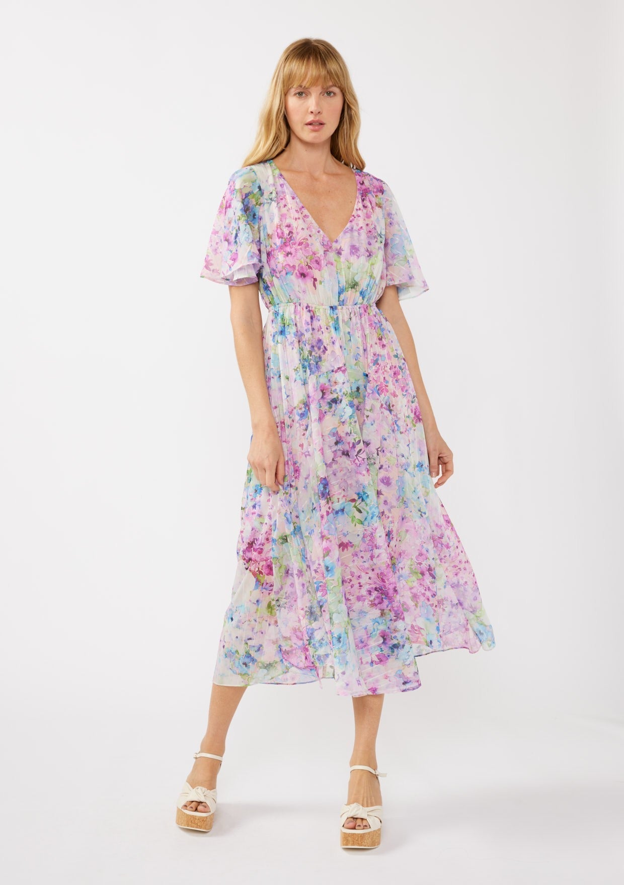 Light Pink Watercolor Floral Flutter Sleeve Midi Dress