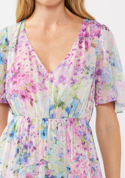 Light Pink Watercolor Floral Flutter Sleeve Midi Dress