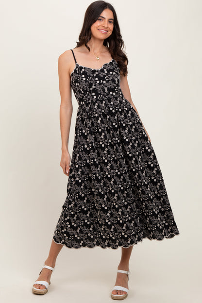 Black Floral Embroidered Scallop Detail Midi Dress