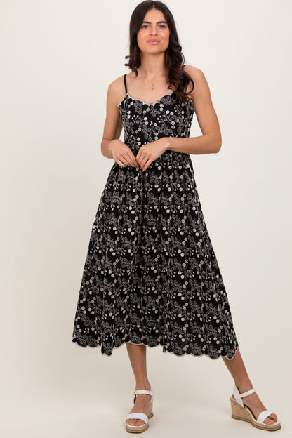 Black Floral Embroidered Scallop Detail Midi Dress