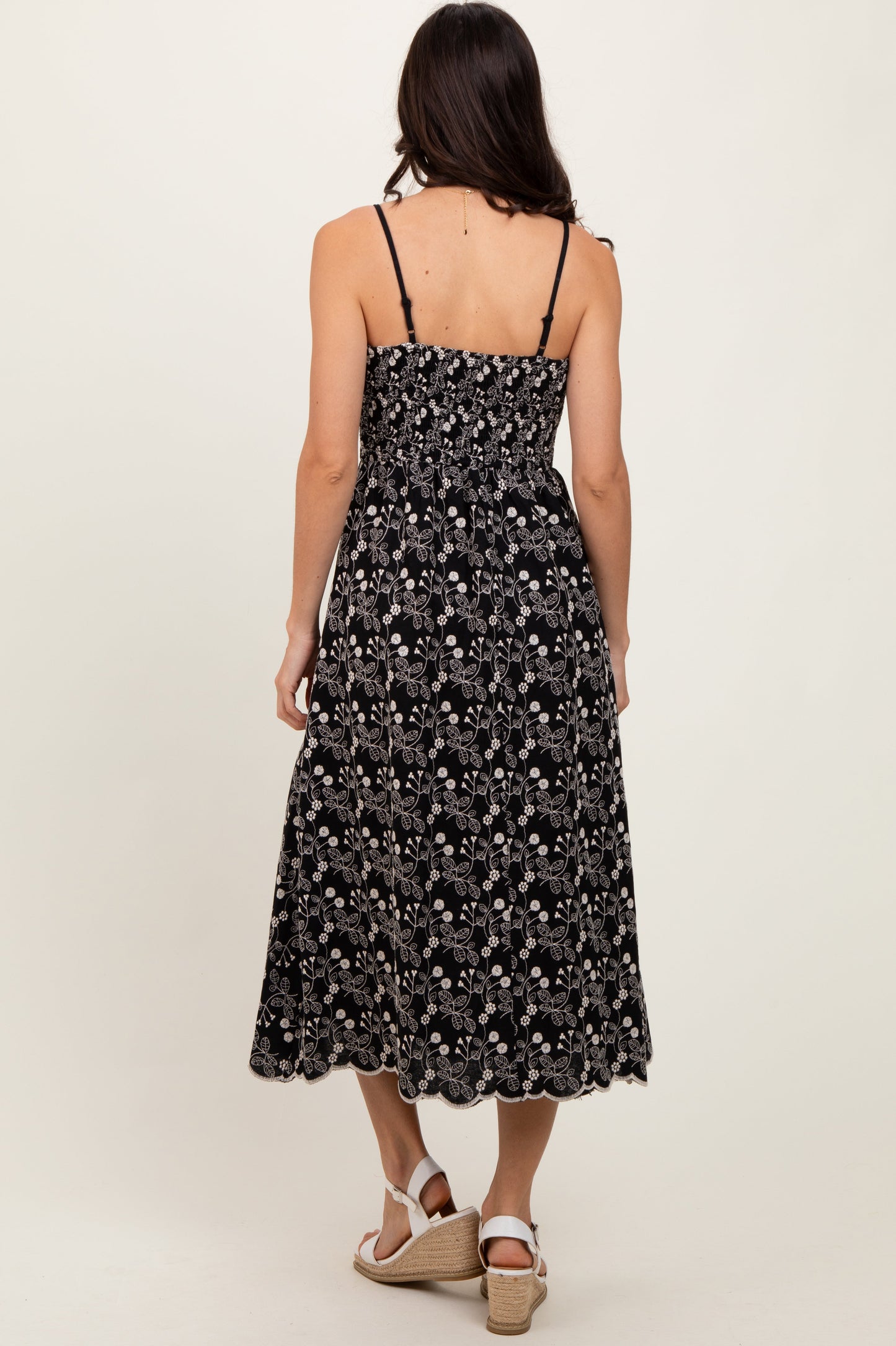 Black Floral Embroidered Scallop Detail Midi Dress