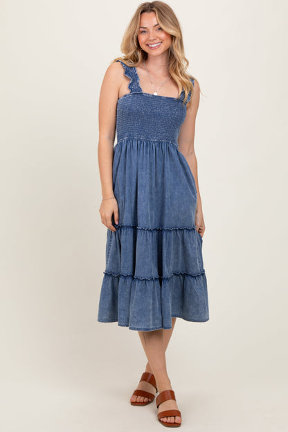 Blue Chambray Smocked Ruffle Tiered Midi Dress