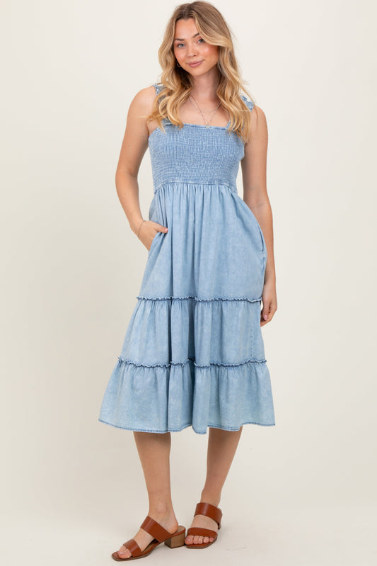Light Blue Chambray Smocked Ruffle Tiered Midi Dress