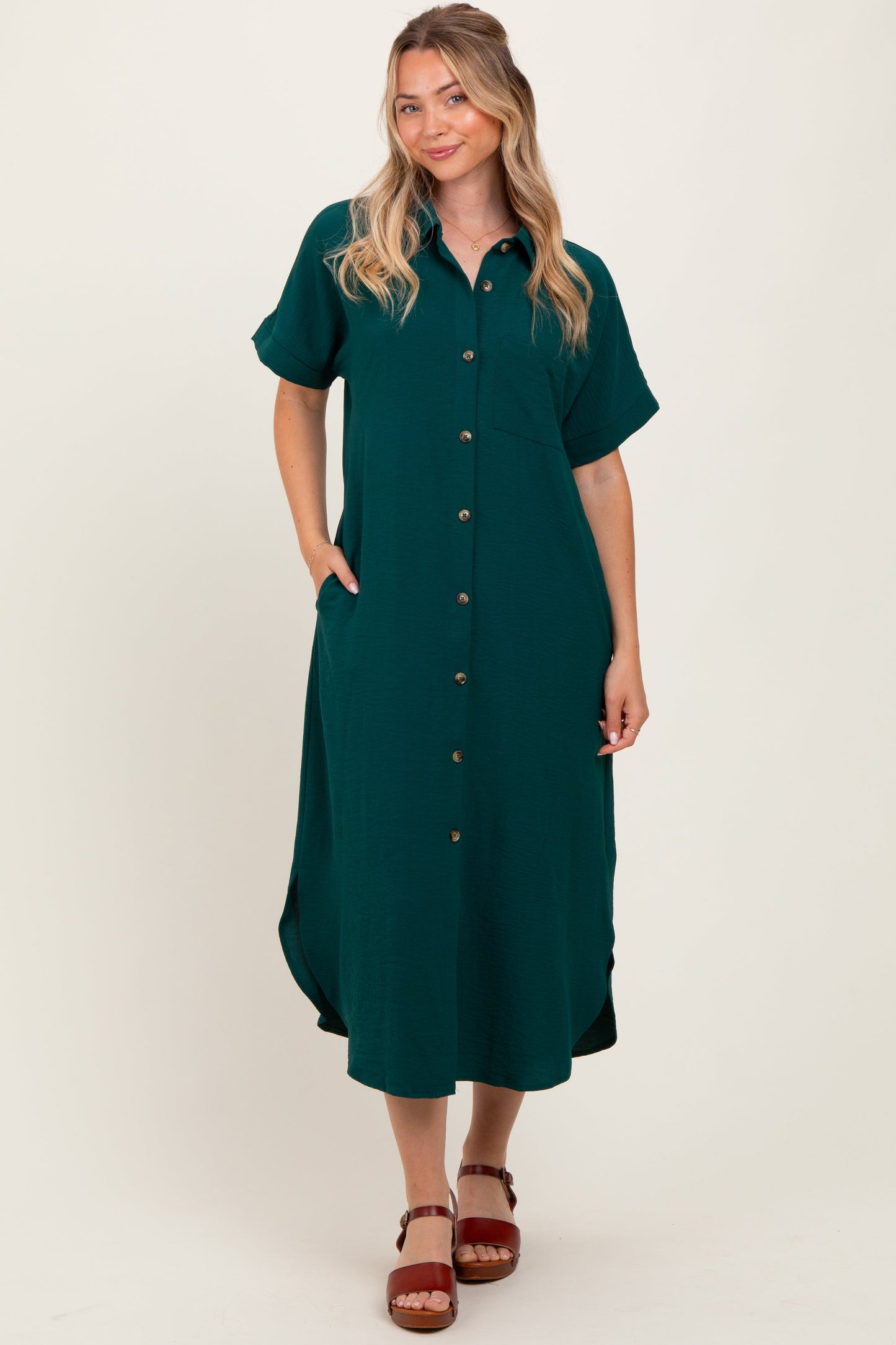 Hunter Green Button Down Front Pocket Maternity Midi Dress