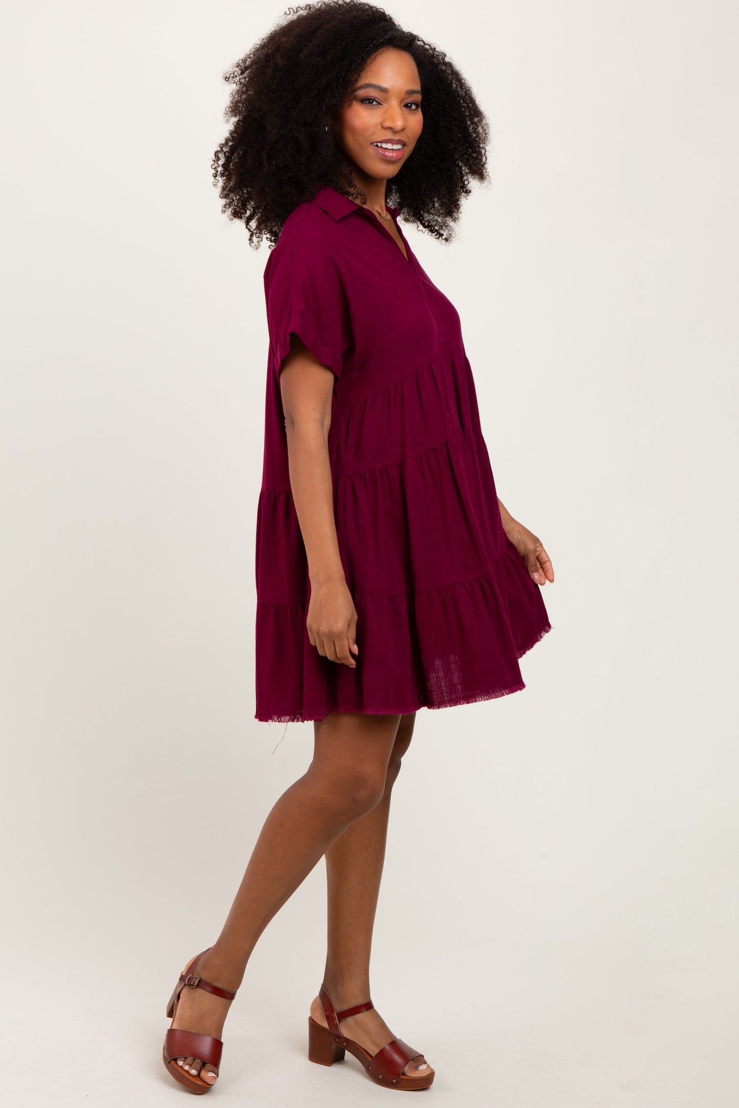 Burgundy Tiered Linen Dress