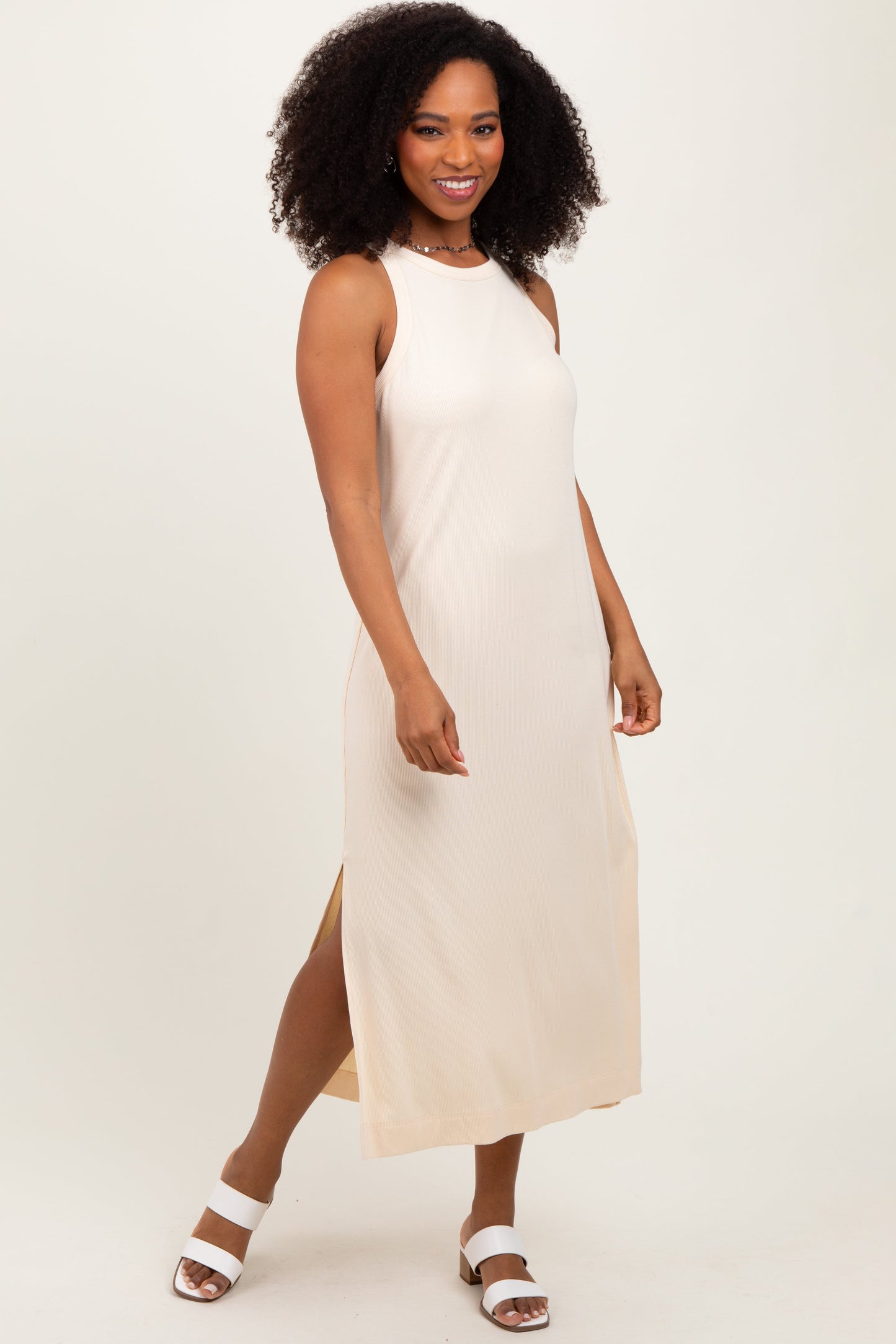 Cream Sleeveless Side Slit Midi Dress