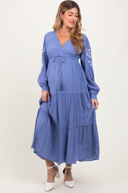 Blue Embroidered Long Sleeve Maternity Maxi Dress
