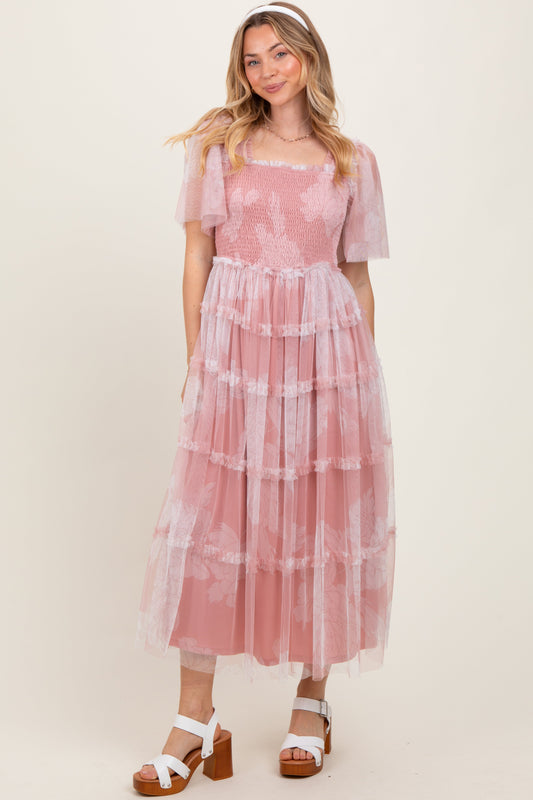 Pink Smocked Top Mesh Ruffled Midi Dress