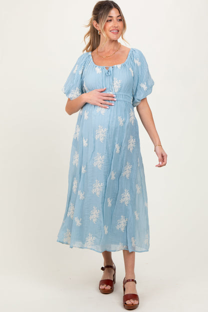 Light Blue Floral Embroidered Puff Sleeve Maternity Midi Dress