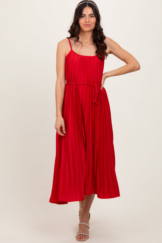 Red Pleated Sash Tie Midi Dress