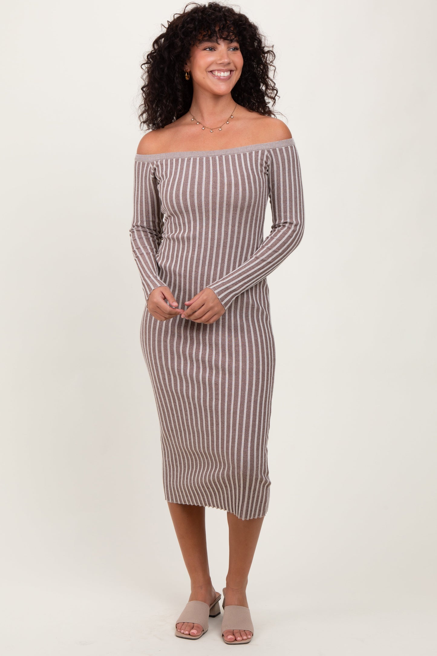 Taupe Striped Off Shoulder Midi Sweater Dress