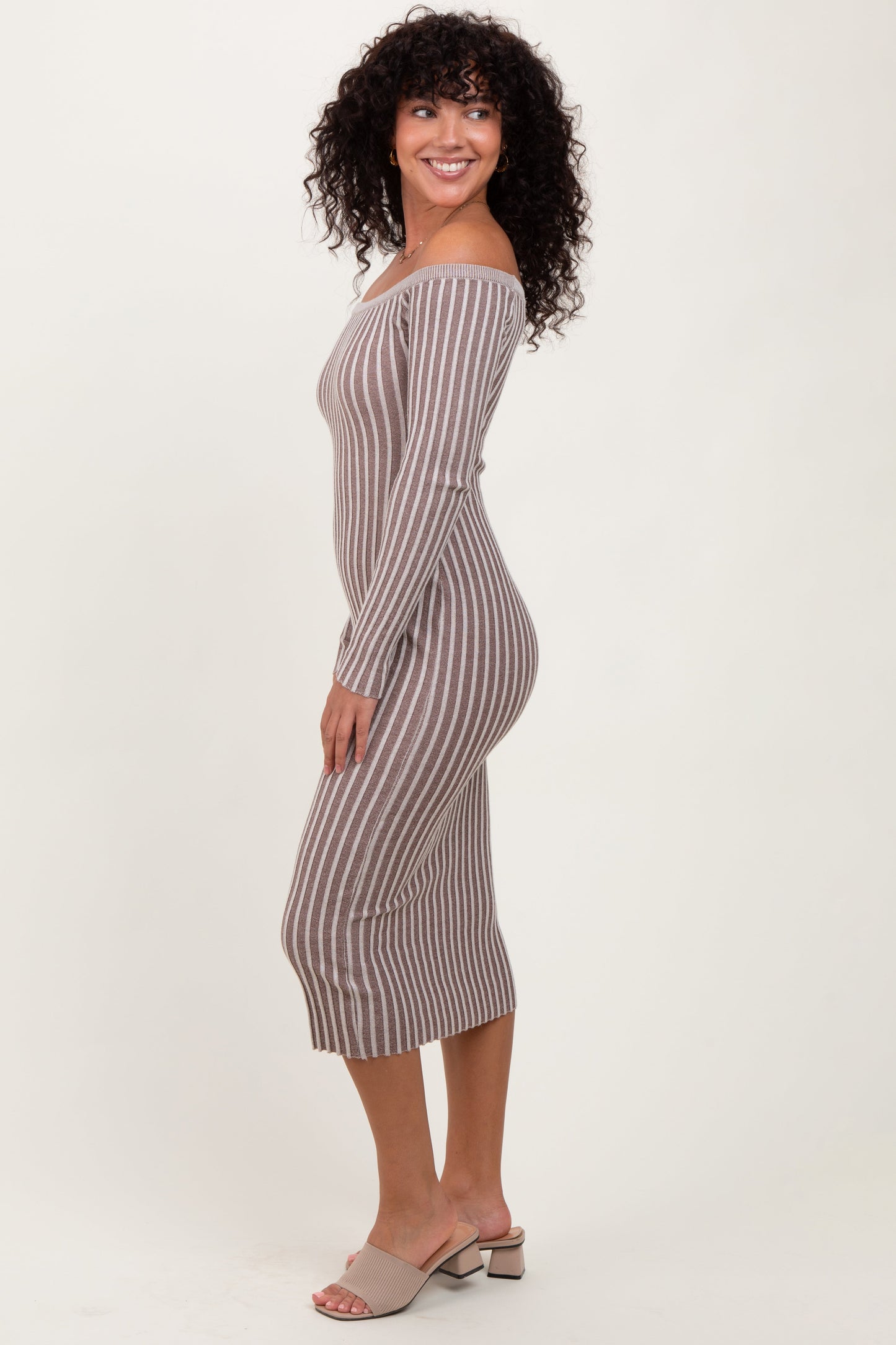 Taupe Striped Off Shoulder Midi Sweater Dress