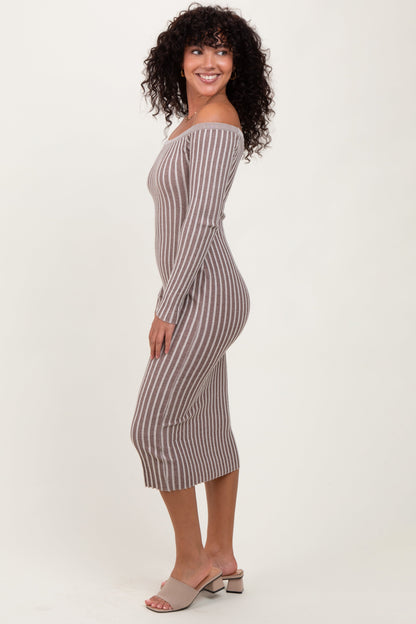 Taupe Striped Off Shoulder Midi Sweater Dress