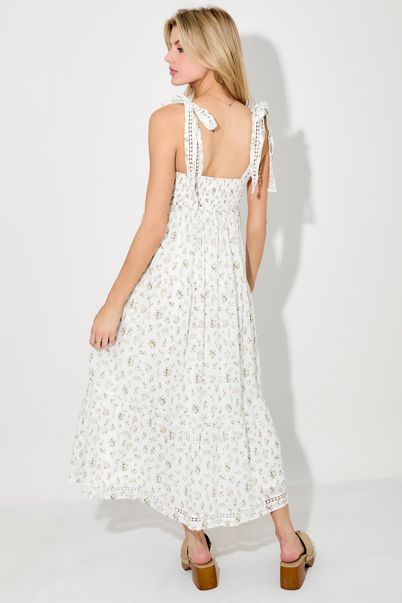 Light Yellow Floral Shoulder Tie Midi Dress