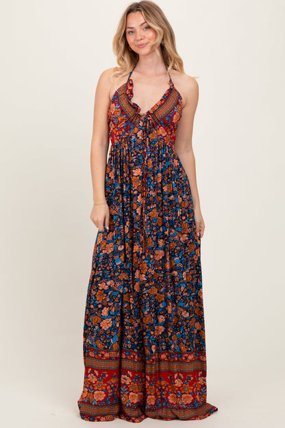 Navy Floral Colorblock Halter Tie Back Maxi Dress