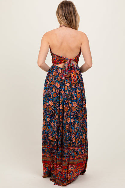 Navy Floral Colorblock Halter Tie Back Maxi Dress