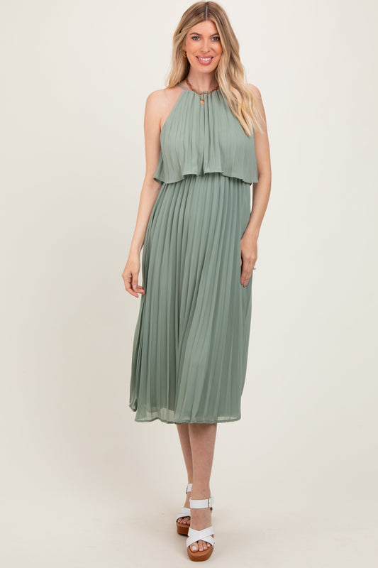 Light Olive Pleated Woven Midi Dress